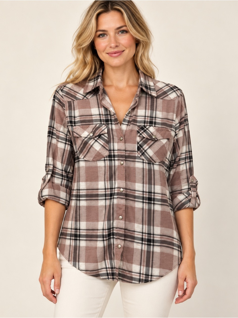 Passport Women’s XS Plaid Pearl Snap Western Shirt Tan Cream Black